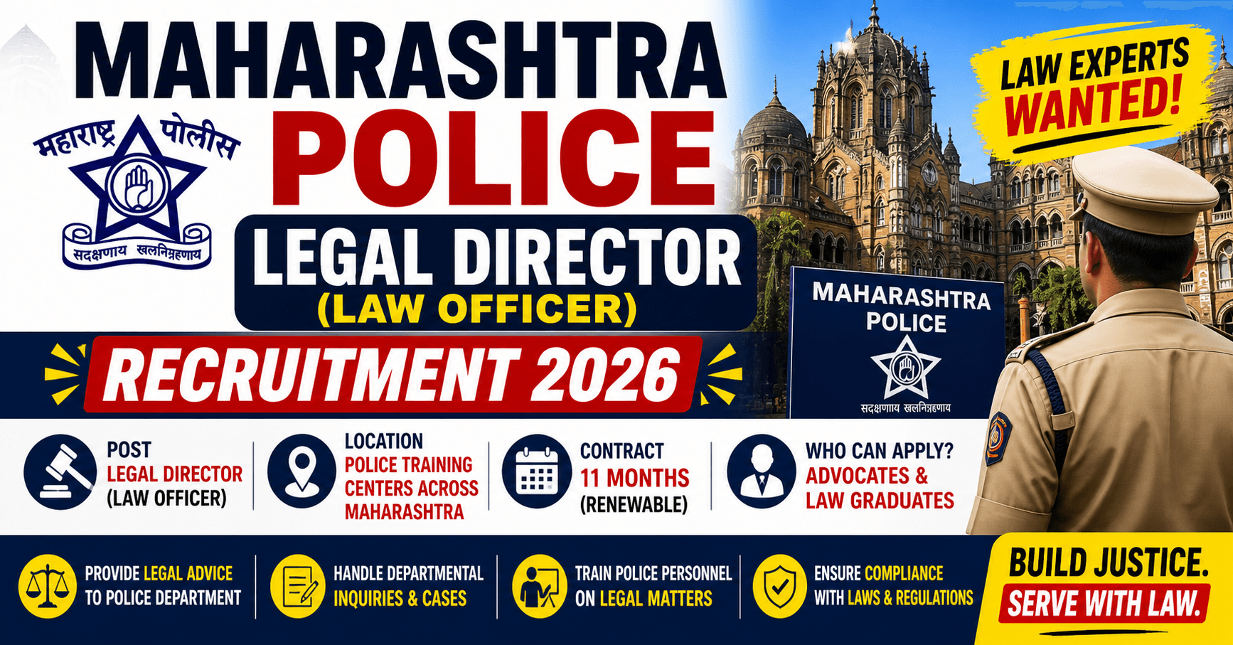 Maharashtra Police Legal Director Recruitment 2026 - Apply Offline for 52 Posts