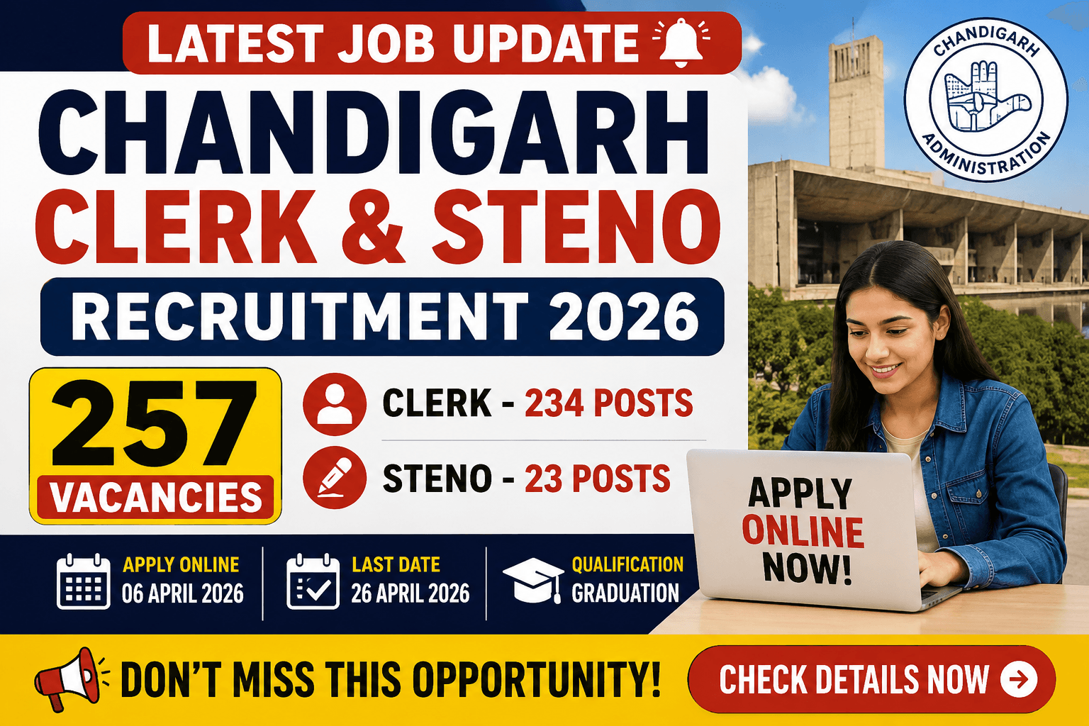 Chandigarh Clerk & Steno Recruitment 2026 – Apply Online for 257 Posts | Last Date 26 April