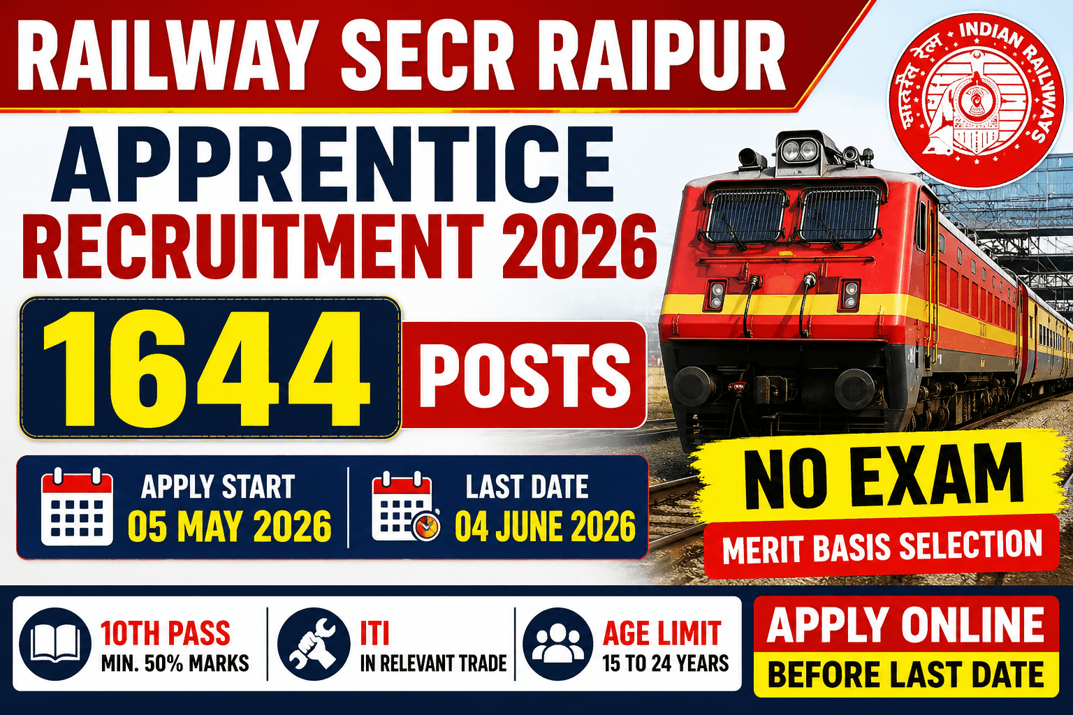 Railway SECR Raipur Apprentice Recruitment 2026 Apply Online for 1644 Posts, Eligibility, Last Date