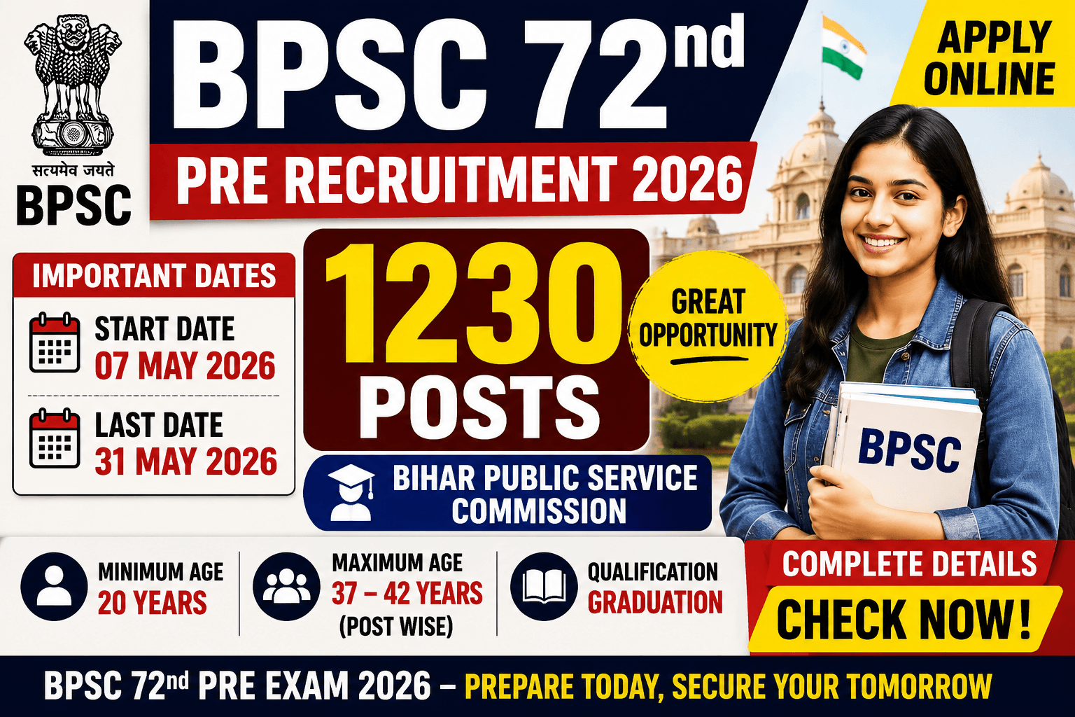 BPSC 72nd Pre Recruitment 2026 Apply Online for 1230 Posts, Eligibility, Last Date