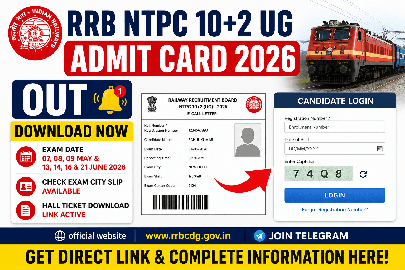 RRB NTPC 10+2 UG Admit Card 2026