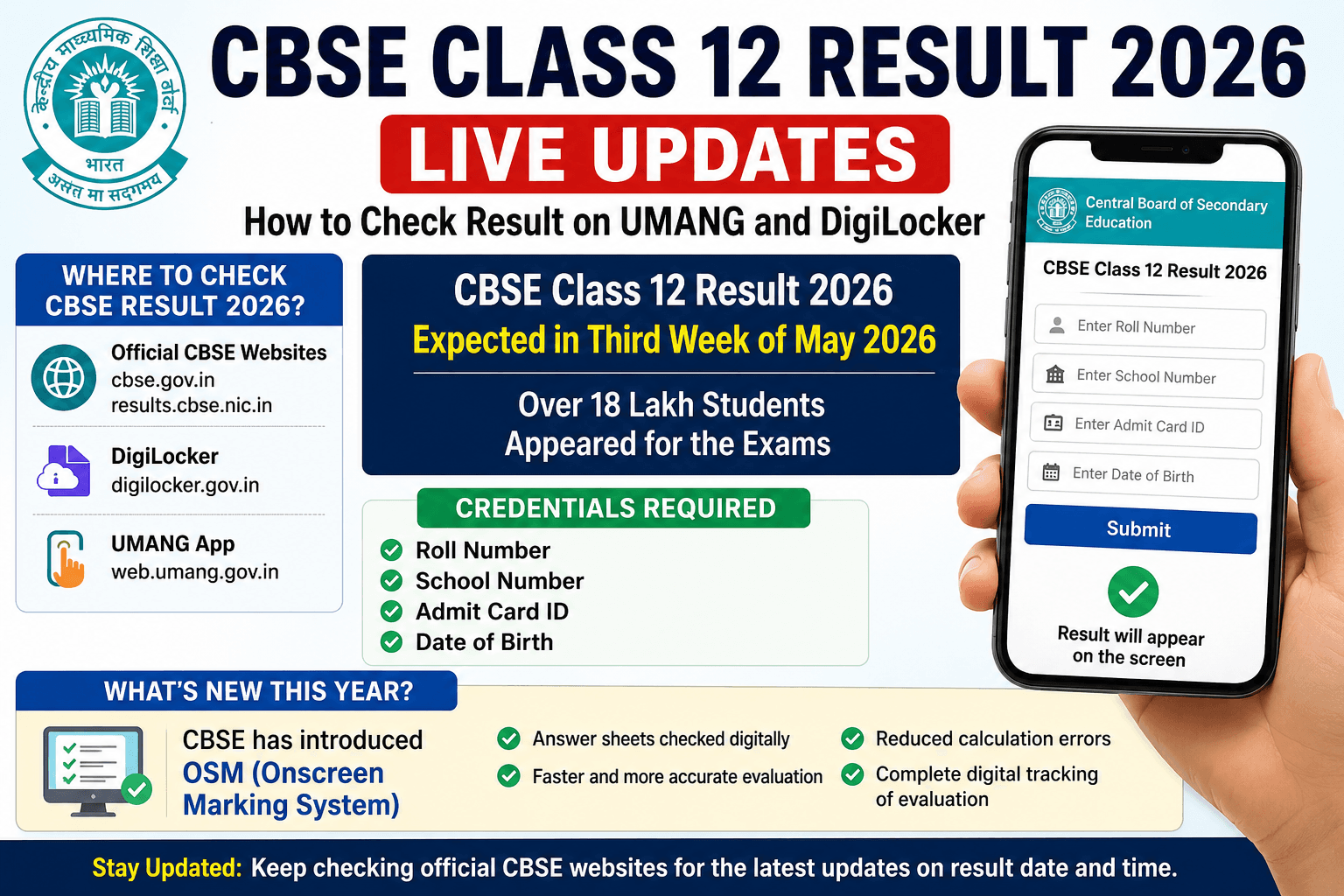 CBSE Class 12 Result 2026 Live Updates | Check Result on DigiLocker & UMANG App, Date, Time, Direct Link